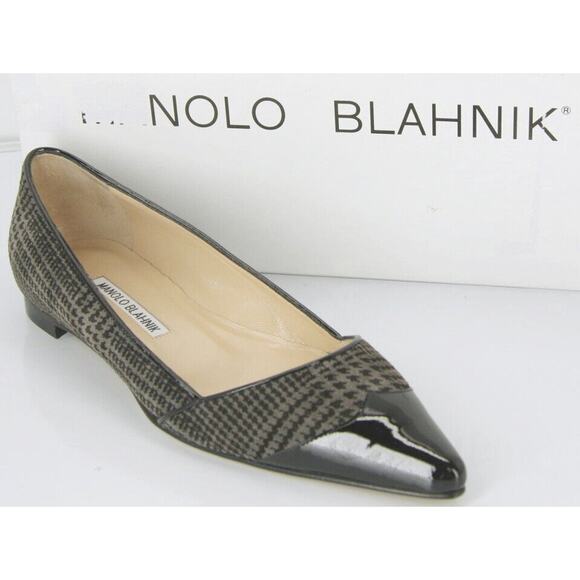 Manolo Blahnik Grey Houndstooth Tweed Ahalaya Cap Toe Ballet Flats - Picture 1 of 12